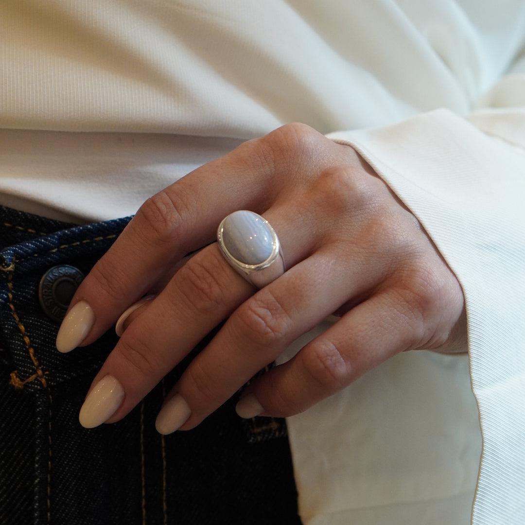 Silver Grand Bleu signet ring with chalcedony