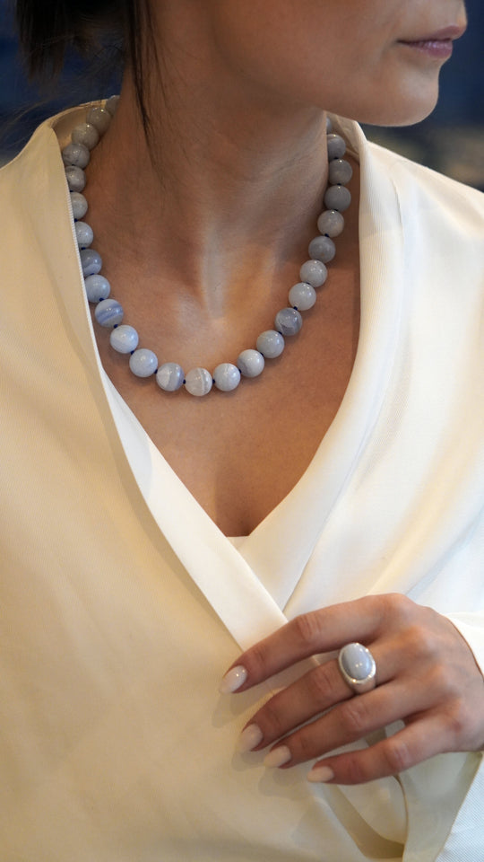 Silver Grand Bleu signet ring with chalcedony