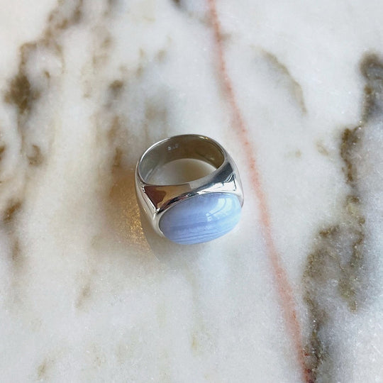 Silver Grand Bleu signet ring with chalcedony